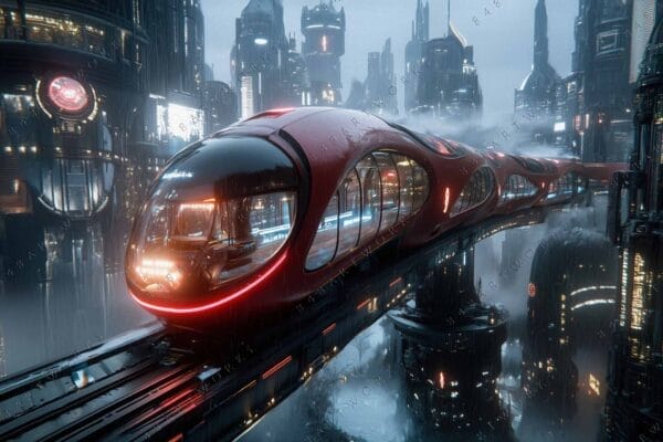 Futuristic digital art of a sleek red train in a rainy cityscape.