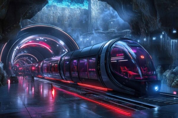 Futuristic digital art of a sleek train in a neon-lit underground tunnel.