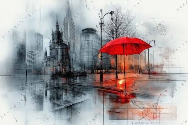"Digital painting of a rainy cityscape with a vivid red umbrella in the foreground."
