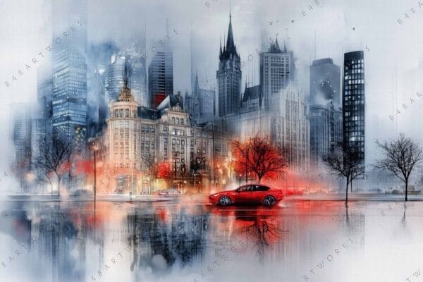 Digital painting of a red car in a misty cityscape with skyscrapers and trees.