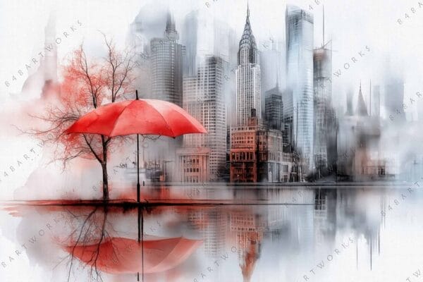 Digital artwork of a red umbrella and tree with a misty cityscape background.