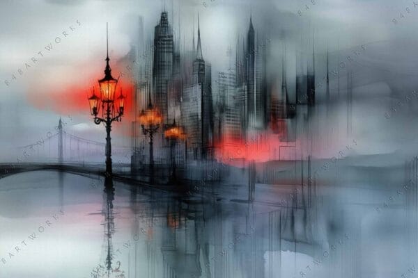 Futuristic digital painting of a cityscape with a red streetlamp and hazy background.