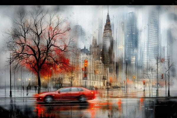 Digital painting of a red car and tree in a rainy urban landscape.