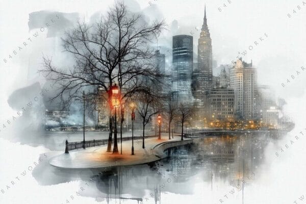 Watercolor painting of a cityscape with glowing lampposts and bare trees by a river.