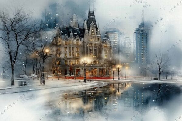 Digital painting of a grand building in a snowy urban landscape with warm lights.