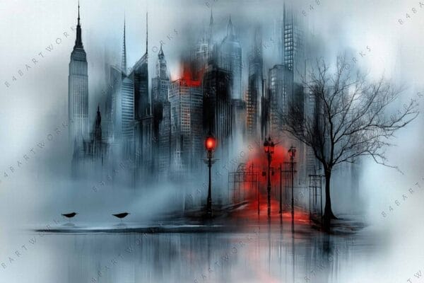 "Surreal digital painting of misty cityscape with red accents and barren tree."
