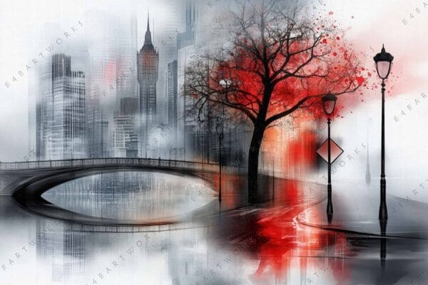 Digital painting of a cityscape with red tree, bridge, and misty skyscrapers.