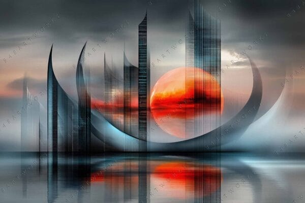 Futuristic digital painting of cityscape with red sun and reflective water.
