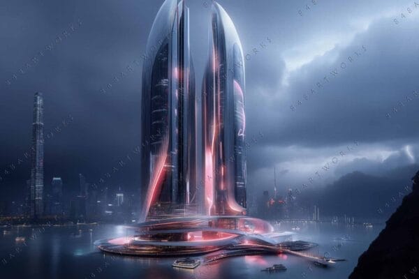 Futuristic digital art of sleek skyscrapers with red accents against stormy, cloudy sky.