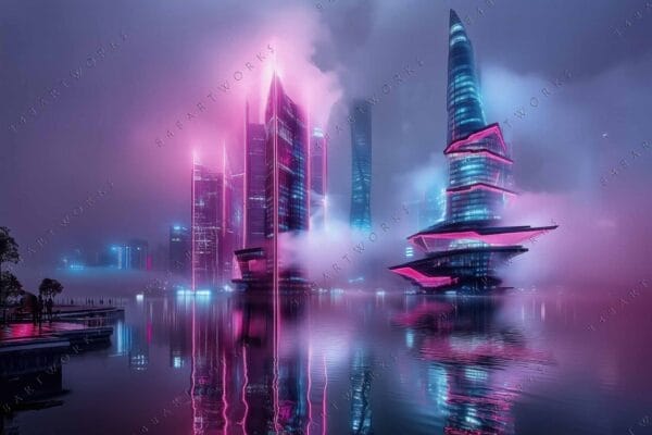 Futuristic digital artwork of a foggy cityscape with pink neon-lit skyscrapers.