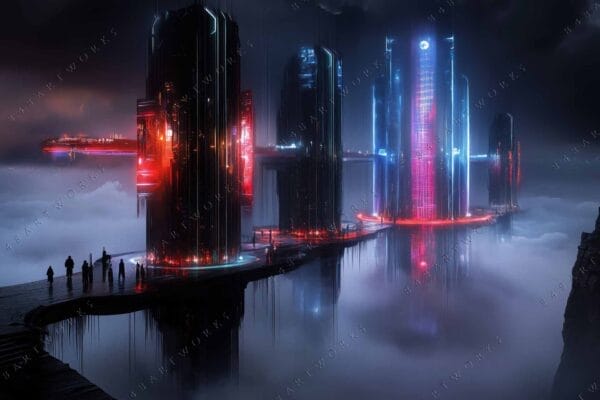 Futuristic digital art of a neon-lit cityscape above foggy clouds.