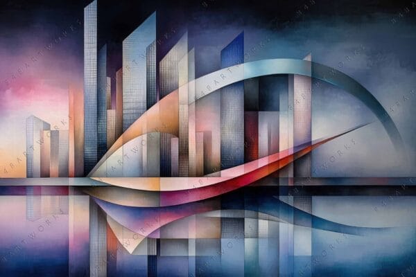 "Abstract digital art of futuristic cityscape with arches, in pastel and dark blue tones."