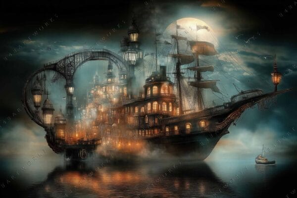 Steampunk digital art of a luminous ship cityscape under a glowing moonlit sky.