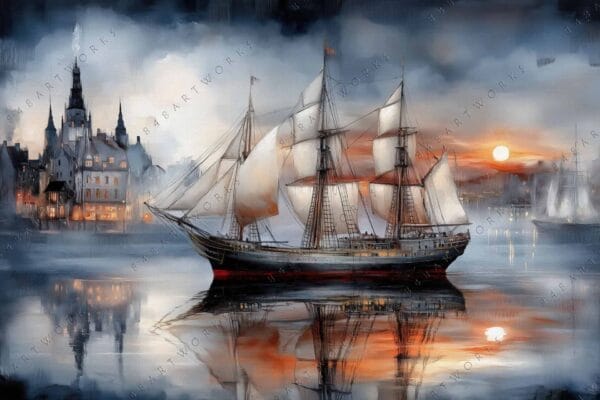 Oil painting of a sailing ship at sunset with cityscape and reflections on water.