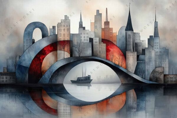 Surreal digital art of abstract urban skyline with arches, featuring gray, red, and beige tones.