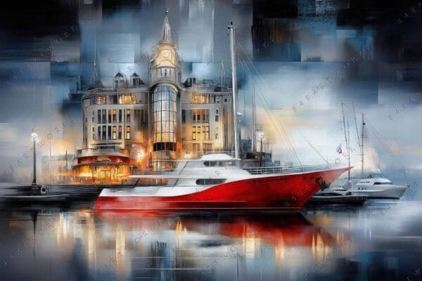 Digital painting of illuminated clock tower and yachts in vibrant red, blue, and gray.