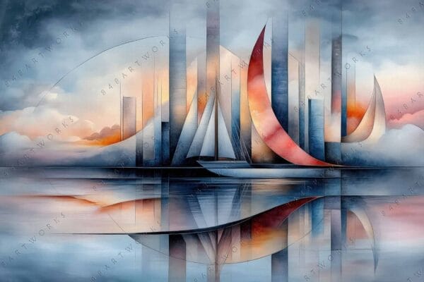 "Abstract digital painting of sailboats and city skyline in blue and orange hues."