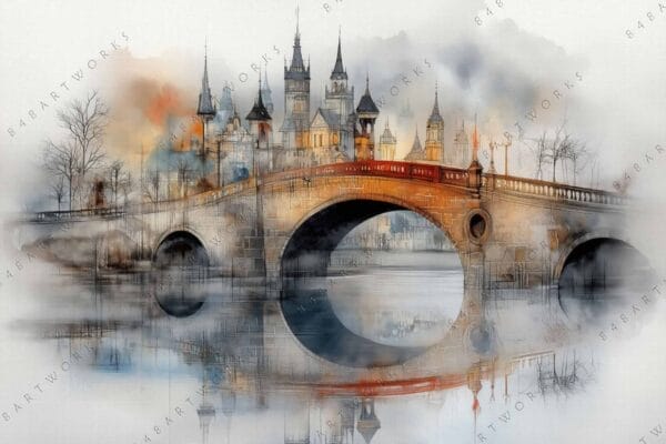 Fantasy castle watercolor painting with a stone bridge and misty reflections.