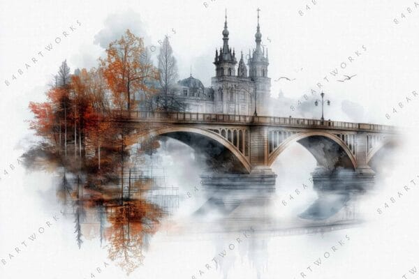 "Digital painting of a bridge with autumn trees and distant castle in soft colors."