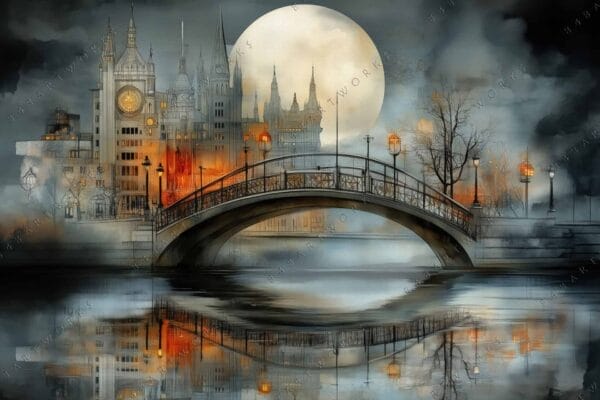 "Fantasy digital painting of a bridge and castle silhouetted against a full moon."