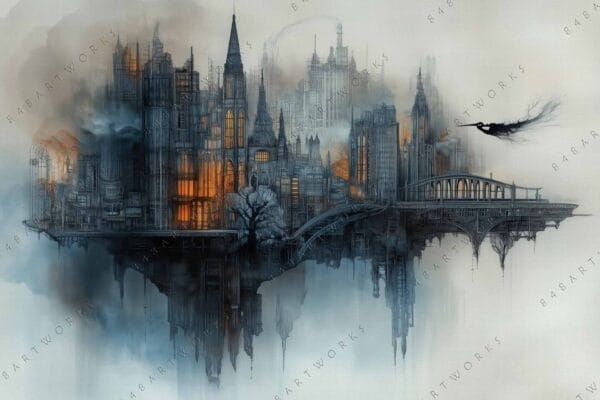 "Surreal digital art of a floating gothic cityscape in moody blue and orange hues."