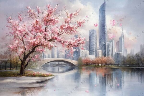 Impressionist painting of cherry blossoms by a river with a modern cityscape background.