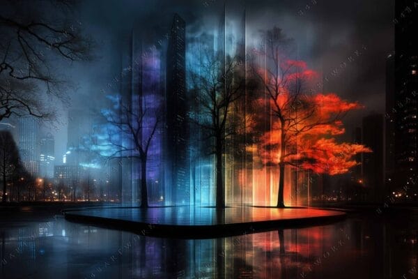 "Futuristic digital art of glowing trees in vibrant blue and orange hues against city backdrop."