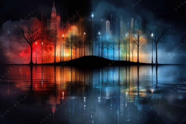 Digital painting of cityscape silhouettes, vibrant red to blue gradient, reflected in water.