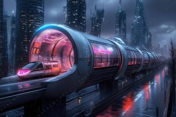 Futuristic digital art of a glowing train in a neon-lit cityscape.