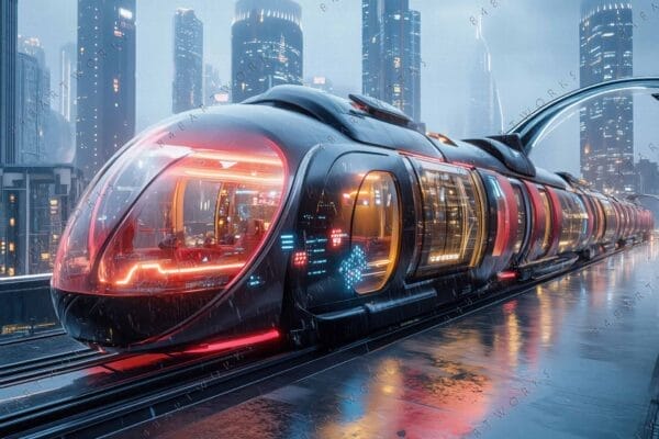 Futuristic digital art of a sleek train with glowing interior in rainy cityscape.