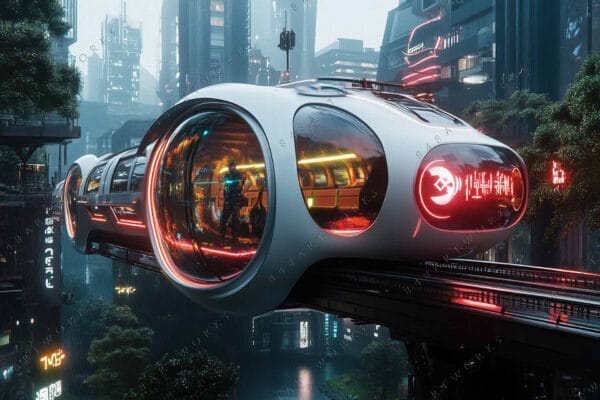 Futuristic digital art of a monorail in a neon-lit rainy cityscape.