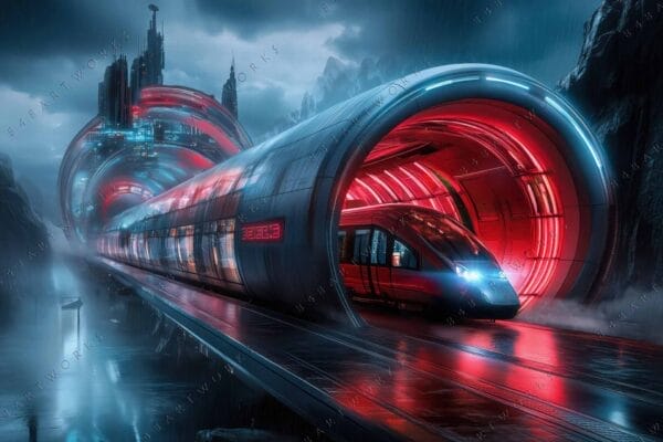 Futuristic digital art of a sleek train in a glowing red and blue tunnel.