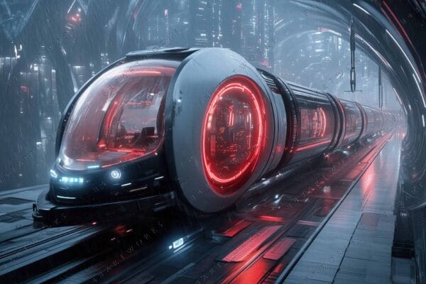 Futuristic digital artwork of a sleek train in a neon-lit rainy city.