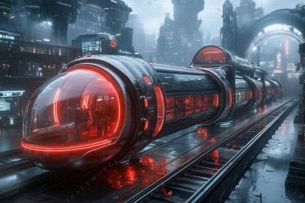 "Futuristic digital art of a glowing red train in a rainy cityscape."