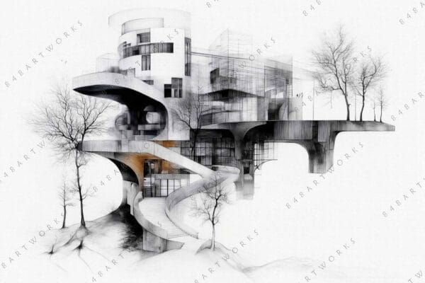 "Architectural sketch of futuristic building with curved structures and bare trees in grayscale."