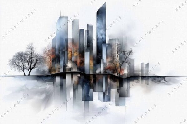 "Digital artwork of skyscrapers and trees reflected in water with misty background."