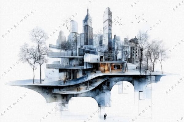 "Architectural digital artwork of futuristic cityscape with skyscrapers and floating structures in monochrome."