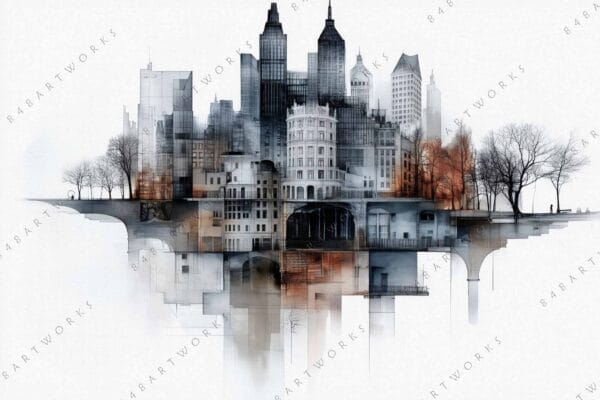 "Digital artwork of a reflective cityscape merging with leafless trees, in grayscale and sepia."