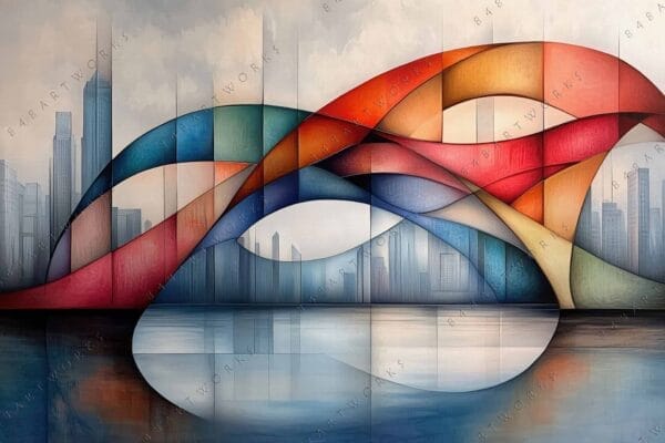 "Abstract digital art of colorful geometric shapes overlaying a city skyline in muted tones."