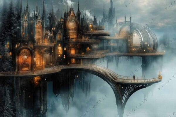 Futuristic digital painting of a foggy village with glowing lights and intricate bridges.
