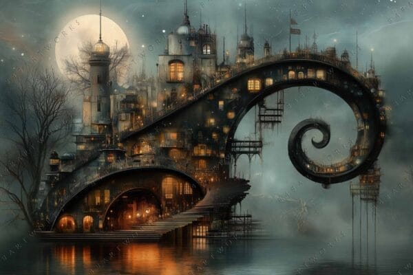Fantasy digital painting of a whimsical cityscape with a spiral design under a full moon.