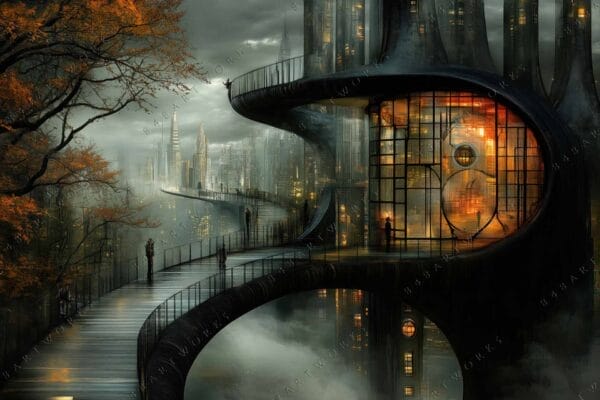 Futuristic digital art of misty cityscape with orange-lit buildings and autumn foliage.