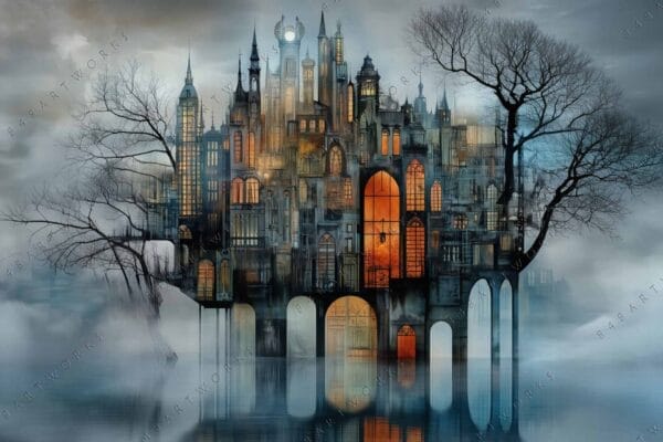 Futuristic digital painting of a floating castle city with glowing windows in misty blue tones.