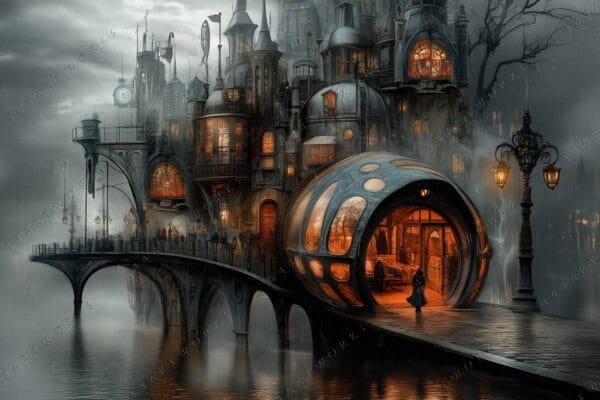 "Steampunk digital art of whimsical cityscape with warm glowing lights in misty atmosphere."