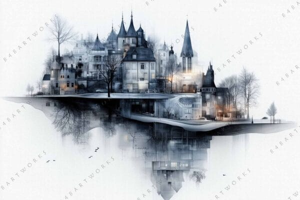 "Surreal digital artwork of a floating castle with trees, mirrored below in muted colors."