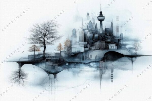 "Surreal digital artwork of a floating cityscape with barren trees and muted gray tones."