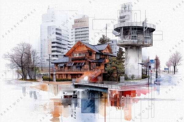 "Mixed-media digital artwork of urban and traditional architecture with muted tones and watercolor effects."