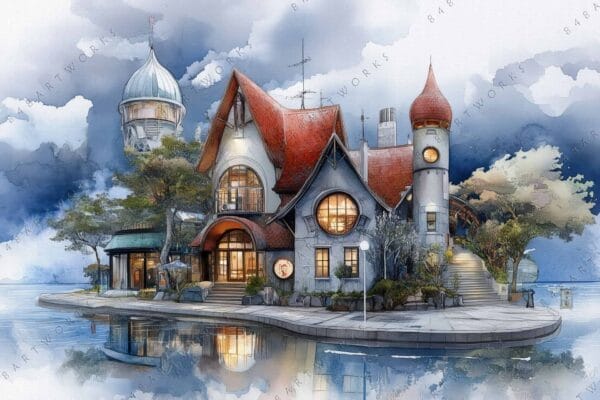Whimsical digital painting of a fairytale house with red roof by a lake.