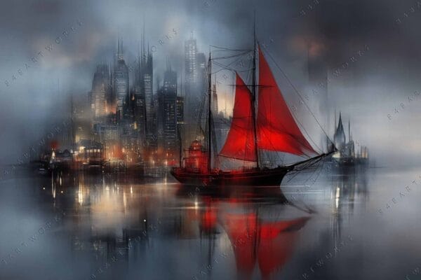 "Surreal digital painting of a ship with red sails against a foggy cityscape."