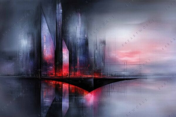 Futuristic digital painting of skyscrapers reflecting on water with red and gray tones.